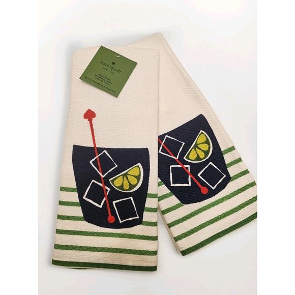 Kate Spade Set of 2 Kitchen Towels Rocks Glass Drink 17"X28" 100% Cotton White‎ - Picture 1 of 7